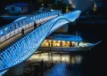 Dynamic lighting fixtures transforms a footbridge right into a residing landmark